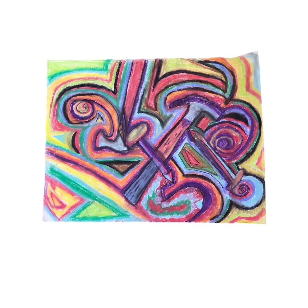 Original Abstract Expressionist Pastel Drawing Bold Colorful Geometric Wall Art